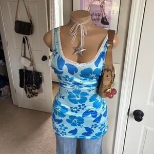 y2k 2000s blue hawaiian hibiscus floral tank top tropical summer